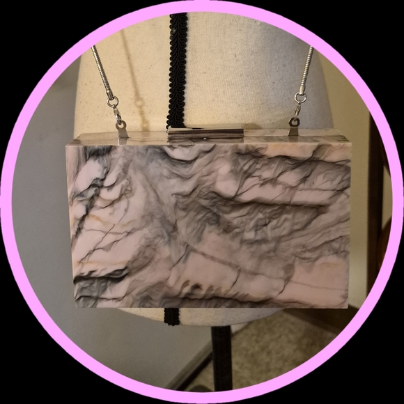 Zara Basics Large Pink TricolorHard Shell Minaudier Surveyor Marble Box Bag NWOT